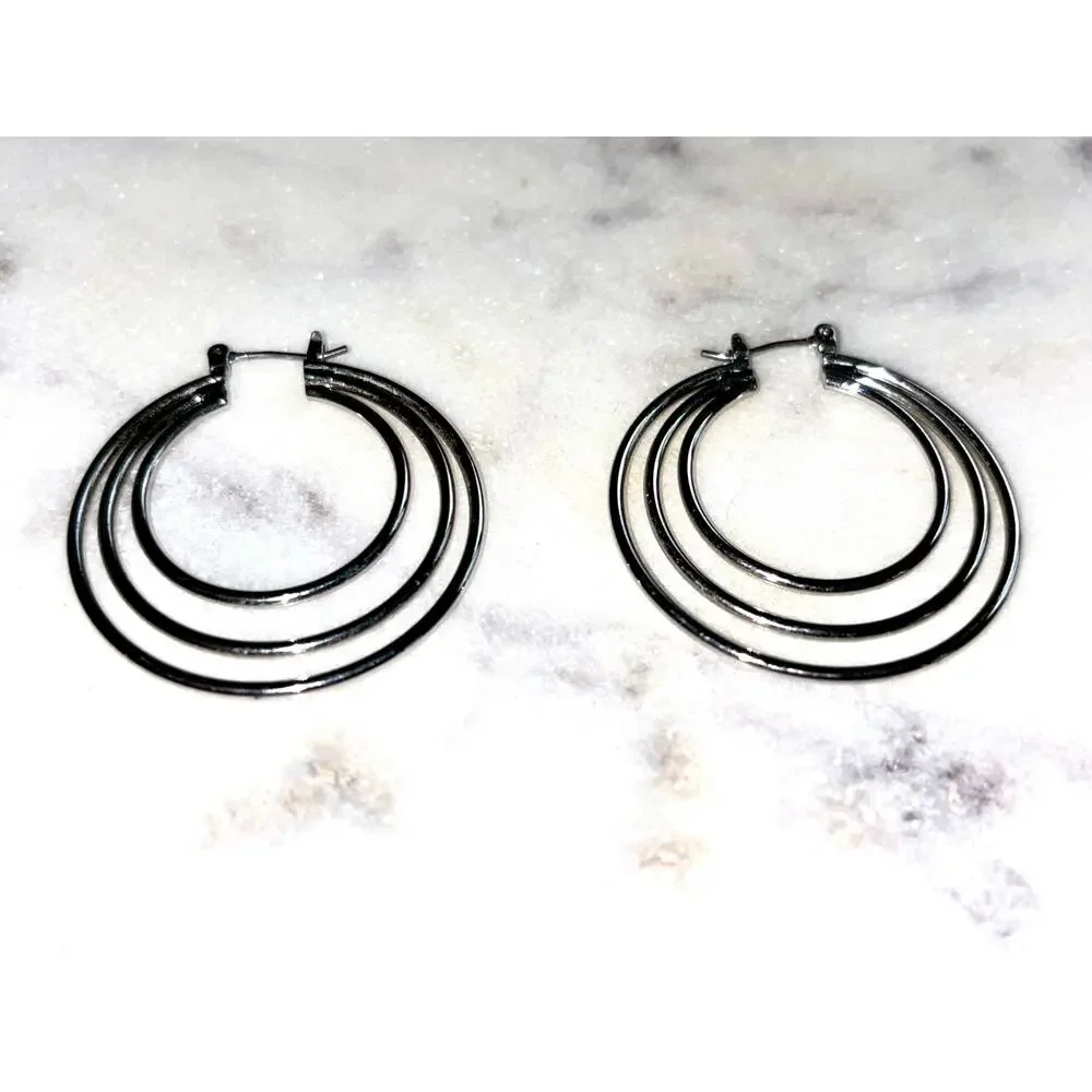 Silver Tone Triple Tiered Hoop Earrings - Modern & Stylish!
